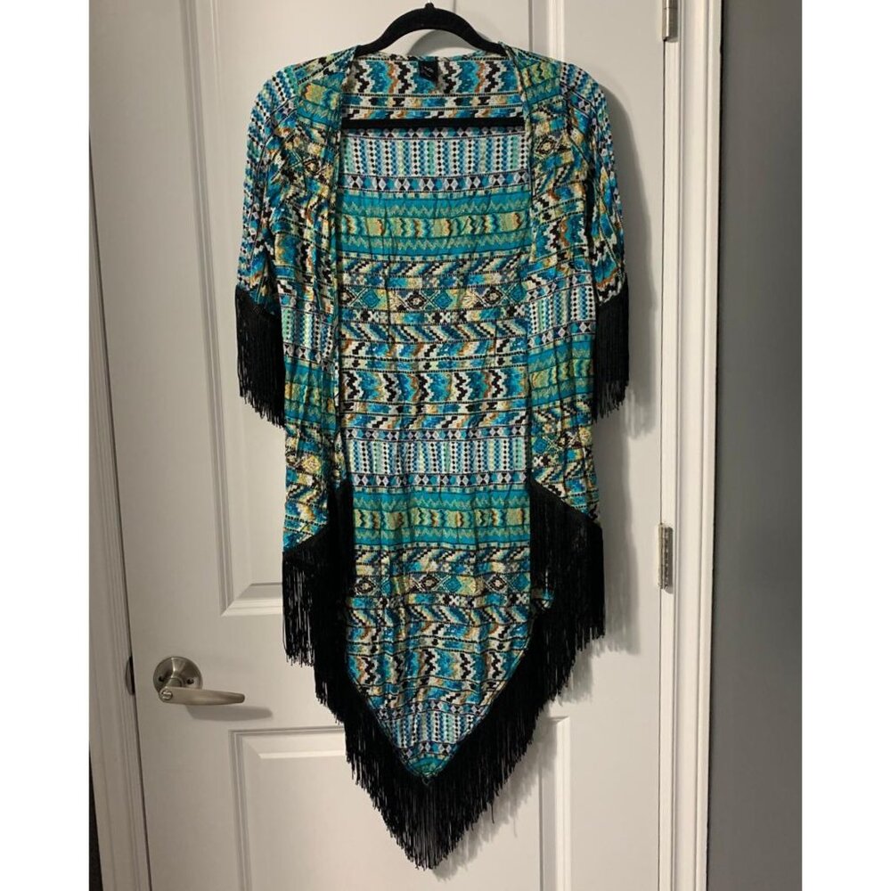 Love Tease Blue Tribal Print Fringe Kimono Robe XS – Boho Festival Beach Cover-U